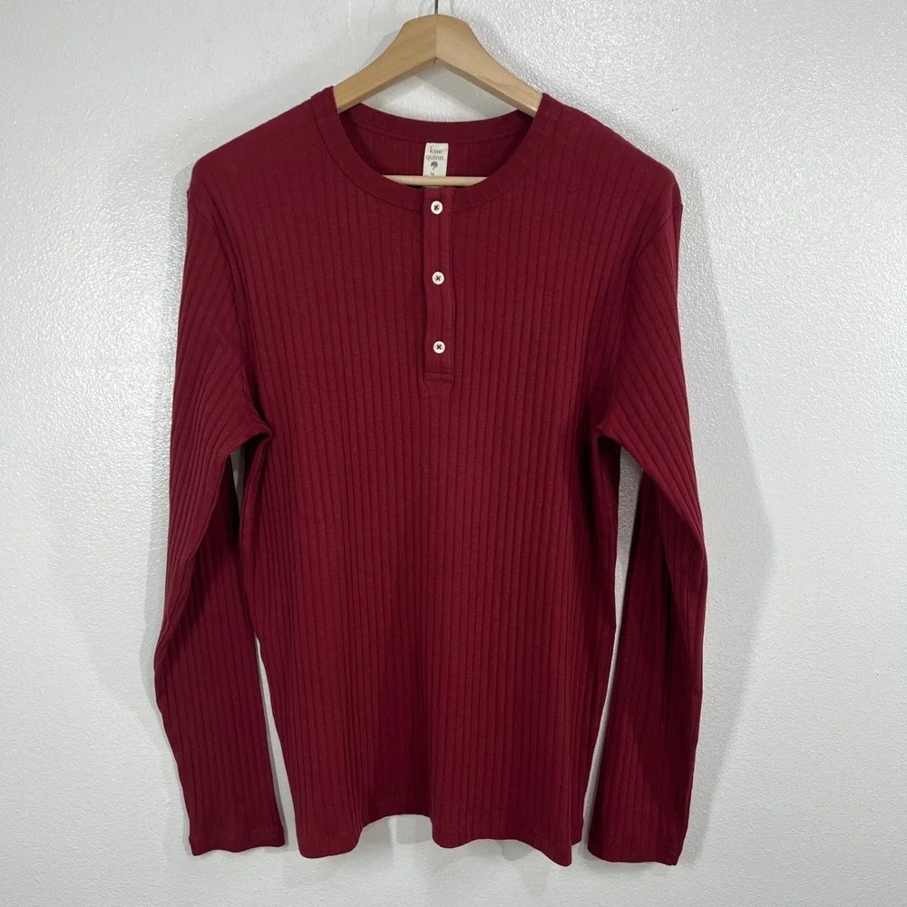Kate Quinn Ribbed Henley Long Sleeve Top Medium‎ Burgundy Organic Cotton Spandex